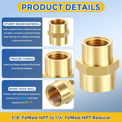 Three Pack Brass Pipe Fittings 3/8 Inch Female NPT To 1/4 Inch Female NPT Brass Coupling Hex Head Connector details