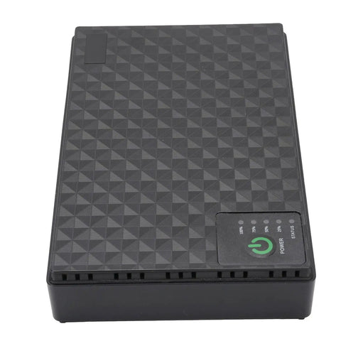Plug And Play 10400mAh Ups Battery Backup For Routers And Modems Features US Plug, compact black unit with power indicator.