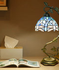 Sea Blue Dragonfly Handmade Stained Glass Desk Lamp With Metal Leaf Base Vintage Curved Reading Light For Bedside Living Room Or Office LED Bulb Included Easy Assembly Soft Warm Glow.