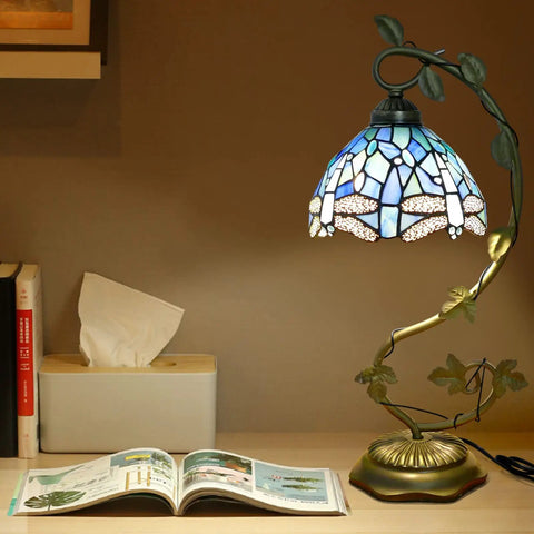 Sea Blue Dragonfly Handmade Stained Glass Desk Lamp With Metal Leaf Base Vintage Curved Reading Light For Bedside Living Room Or Office LED Bulb Included Easy Assembly Soft Warm Glow.