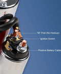Close-up of connections on Beefy High Torque 3 HP Mini Starter with labeled posts for Chevy SBC BBC engines.