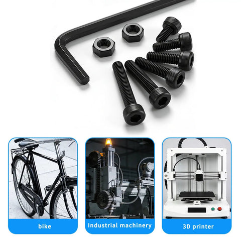 405 Piece M3 Screw Assortment Kit Loaded With Hex Socket Head Cap Screws Nuts And Washers Premium Metric Machine Bolt Set black bolts and nuts arranged with an Allen wrench.