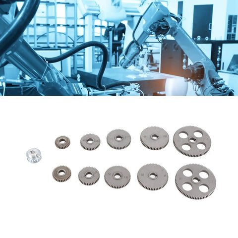11Pcs Dope Mini Lathe Gear Set With 17 Teeth Motor Pulleys For Metal Cutting Machines displayed in front of robotic arm