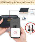 RFID Blocking Leather Card Holder For Women Tiny Zipper Wallet With Bee Accent shown blocking RFID signal