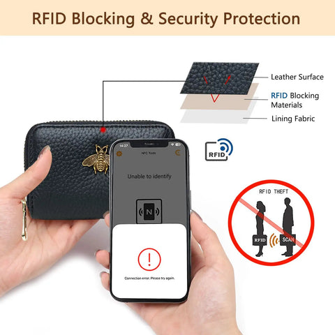 RFID Blocking Leather Card Holder For Women Tiny Zipper Wallet With Bee Accent shown blocking RFID signal