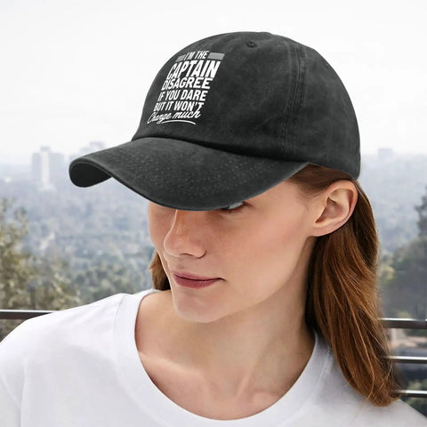 Model wearing Boat Captain Style Cap For Men Distressed Washed Baseball Hat With Adjustable Strap against city backdrop