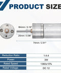 Beefy DC 12V Geared Electric Motor At 3 Watts With 25 Millimeter Diameter dimensions showing size and shaft details for robot projects.