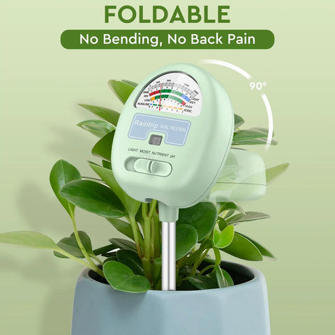 4 In 1 Soil Tester For Moisture, pH, Light And Nutrients with 90° dial above plant in blue pot
