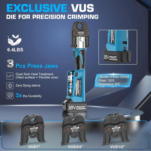 18V Cordless Hydraulic Pro Press Tool With 22kN Crimp Force For Copper Pipe Half Inch Three Quarter Inch And One Inch Heavy Duty Plumbing And HVAC Brushless Motor Long Lasting 4Ah Battery with 1/2, 3/4, and 1 press jaws