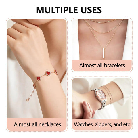 Multiple uses of Two Pack Bracelet Helper Tool Set For Easy Self Fitting Jewelry Clasps Zippers And Crafts Quick Secure Fasteners For Bracelets Watches And Necklaces shown in illustration.