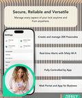 Woman using phone with Plug And Play Built In Wifi Smart Door Lock Handle settings on screen for keyless entry features.