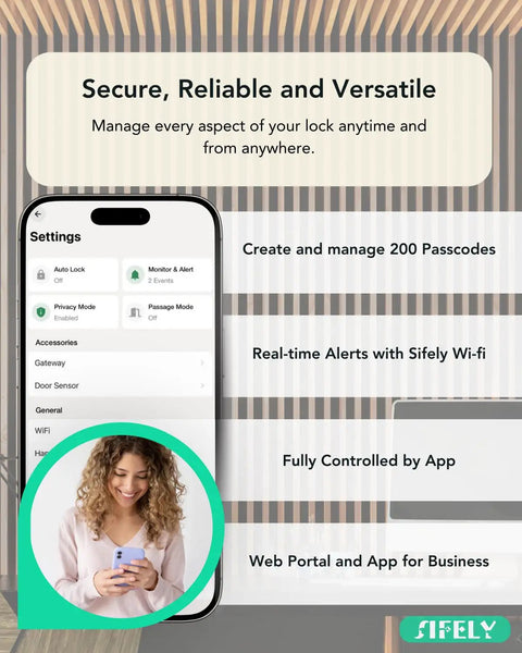 Woman using phone with Plug And Play Built In Wifi Smart Door Lock Handle settings on screen for keyless entry features.