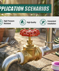 1 Inch NPT Brass Gate Valve Female X Female With Wheel Handle installed, used for fuel, air, water, gas, oil in an outdoor setting.