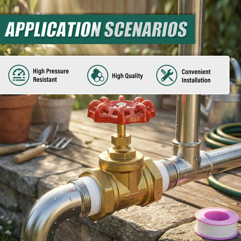 1 Inch NPT Brass Gate Valve Female X Female With Wheel Handle installed, used for fuel, air, water, gas, oil in an outdoor setting.