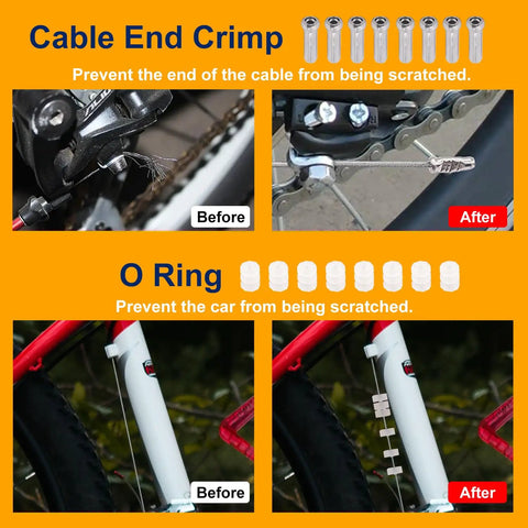 Before and after use of Durable Bicycle Brake Cable And Shift Cable Kit showing cable end crimp and O ring on bike.