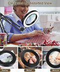 LED Magnifying Glass Desk Lamp With Clamp For Reading And Craft Workbench 3 Color Modes showcasing sewing and detail work.