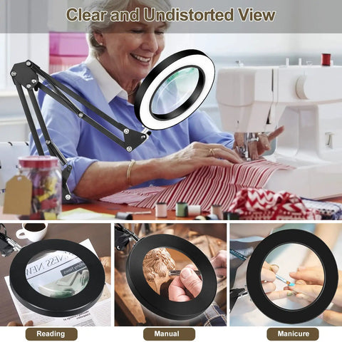 LED Magnifying Glass Desk Lamp With Clamp For Reading And Craft Workbench 3 Color Modes showcasing sewing and detail work.
