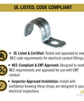 3/4 Inch EMT Conduit Strap Clamp One Hole, UL listed, steel, shown with certification labels for secure electrical wiring