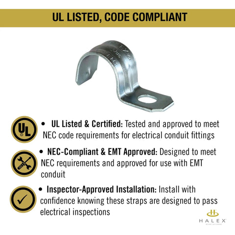 3/4 Inch EMT Conduit Strap Clamp One Hole, UL listed, steel, shown with certification labels for secure electrical wiring