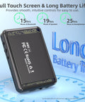 Bluetooth 5.3 MP3 Player With Built In Speaker, black device showing long battery life in hours with floating icons