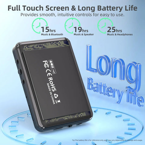 Bluetooth 5.3 MP3 Player With Built In Speaker, black device showing long battery life in hours with floating icons