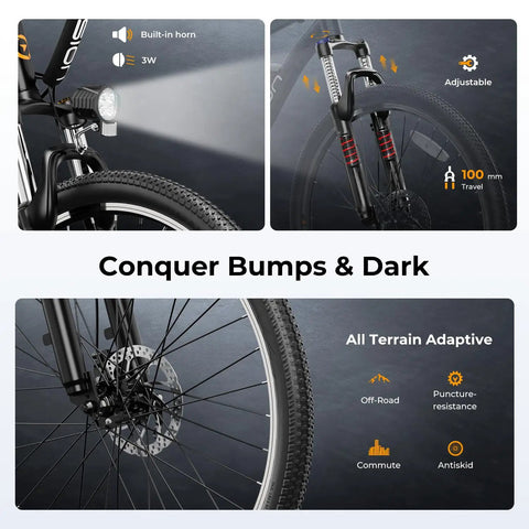 Electric Bike For Adults With 1000W Peak Motor 20 MPH Top Speed 360Wh Removable Battery showing front suspension and built-in horn