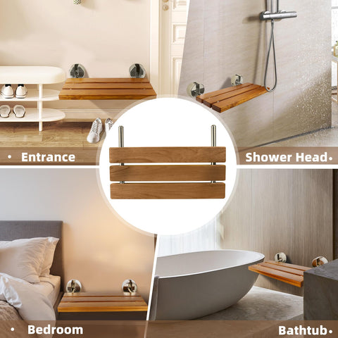 20 Inch Folding Teak Shower Bench Wall Mounted Seat For Seniors And Adults With Brushed Nickel Cover, Space Saving Bath Aid