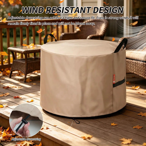 Heavy Duty Tough As Nails Round Fire Pit Cover 23 Inch Diameter 16 Inch Height Waterproof 600D Oxford Fabric with Drawstring on patio