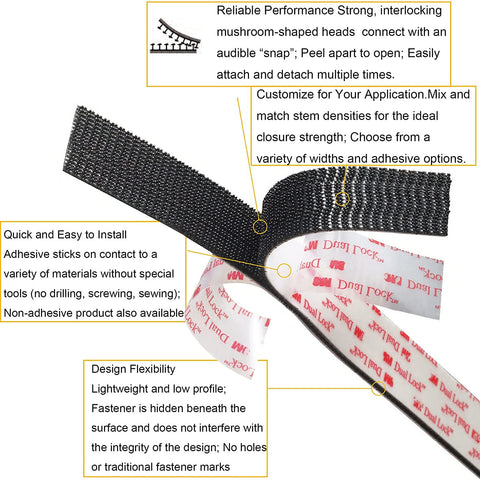 Heavy Duty Dual Lock Tape Pack Of 4, Black 2X4 Inch Adhesive Mounting Strip, showcasing interlocking design and adhesive backing.