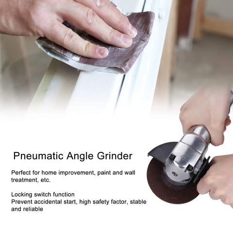 Rock Solid 4 Inch Pneumatic Air Angle Grinder With 11000 RPM Power And Heavy Duty Aluminum Housing Featuring A Secure Locking Switch For Knockout Wall Sanding Painting And Home Decor Tasks in use on surface.