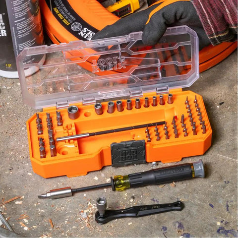 64 Piece Micro Ratchet Bit Set With Low Profile Magnetic Driver And Modular Case with Precision Bits shown open on floor