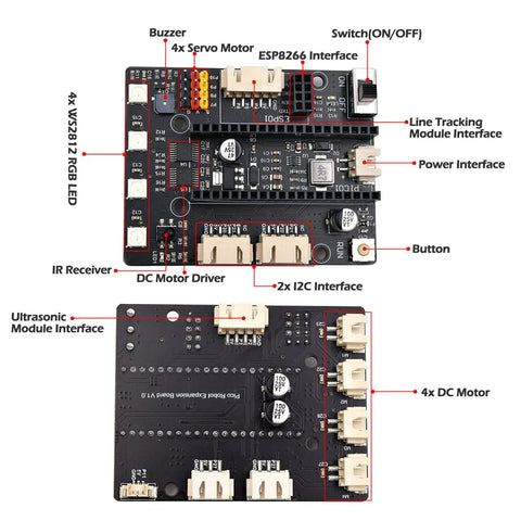 Mecanum Wheels Robot Car Kit circuit board with labeled components.