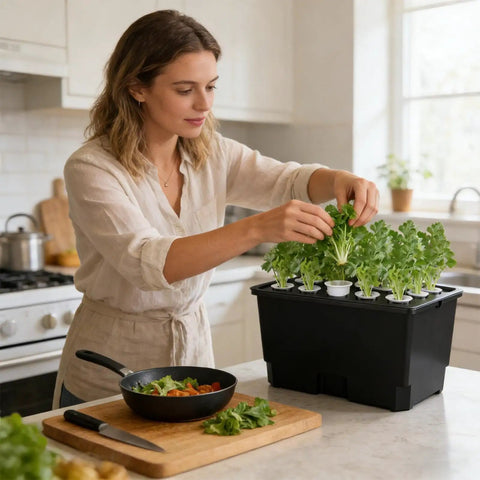 Hydroponic Growing Box For Home And Small Farm Soilless Cultivation System With 15 Pod Kit ABS Construction in kitchen scene.