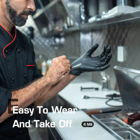 Chef wearing Textured Nitrile Exam Gloves Latex Free And Powder Free 5 Mil Non Sterile Disposable Gloves for Cooking