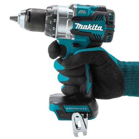 Brushless 18V Cordless Drill Driver With 13Mm Keyless Chuck And Dual Speed Gearing, held in hand with gloves.