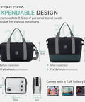 Airline Approved Personal Item Bag, Expandable 20-30L Weekender Duffel before and after expansion, with TSA toiletry bag