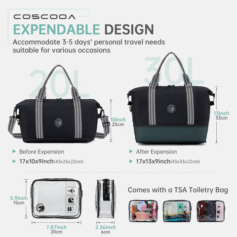 Airline Approved Personal Item Bag, Expandable 20-30L Weekender Duffel before and after expansion, with TSA toiletry bag