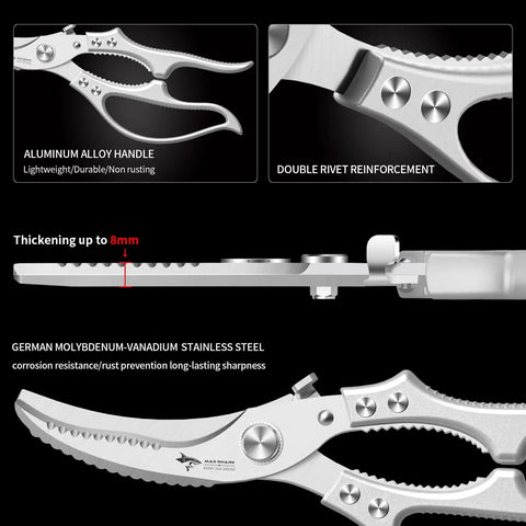 Heavy Duty Poultry Shears Kitchen Scissors With Non Slip Handle And Safety Lock A Real Workhorse For Cutting Chicken Meat Turkey Fish And Veggies Spring Loaded And Dishwasher Safe showing features.