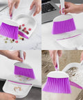 Mini Dust Pan And Brush Set With Teeth For Tight Spaces Flat Broom For Keyboards Desks Sofas Drawers And Cars, cleaning various surfaces.