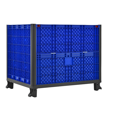 Heavy Duty Collapsible Bulk Container With Easy Access Doors Rock Solid HDPE Storage Tote Built Tough Stackable 600 Pounds Capacity Blue.