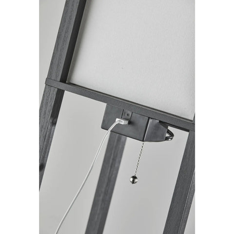 Dope Jumbo Shelf Light With USB Port And Drawer In Black MDF Frame, Off White Fabric Shade, 3 Storage Shelves And Hidden Drawer, On Off Pull Chain, Perfect Desk Or Nightstand Lamp With Built In USB Power And Storage