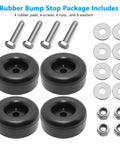 Heavy Duty 2.5 Inch Round Rubber Bumpers With Screw Kit For Trailer Ramp Doors Durable Bump Stops For Air Compressors Pumps Generators And Pressure Washers Multi Purpose Protective Door Bumpers 4 Pack showing 4 rubber pads, screws, nuts, and washers.