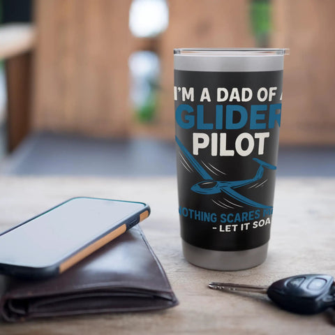 Dad Of A Glider Pilot Insulated Stainless Steel Tumbler on table with phone, wallet, and key, aviation fans gift