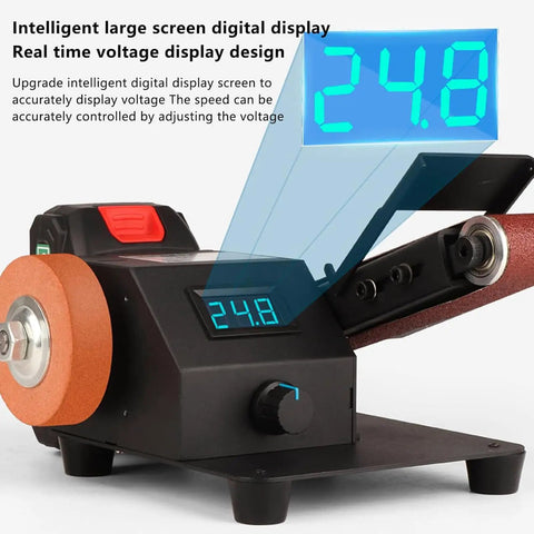 Heavy Hitter 350W Electric Belt Sander With Variable Speed Dial And Benchtop Woodworking Grinder showing digital display of voltage.