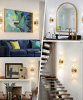 Modern Wall Sconce, Hardwired Wall Lamp for Bedroom Hallway Bathroom, Gold on a wall beside art and mirror in a contemporary home.