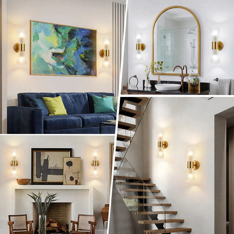 Modern Wall Sconce, Hardwired Wall Lamp for Bedroom Hallway Bathroom, Gold on a wall beside art and mirror in a contemporary home.