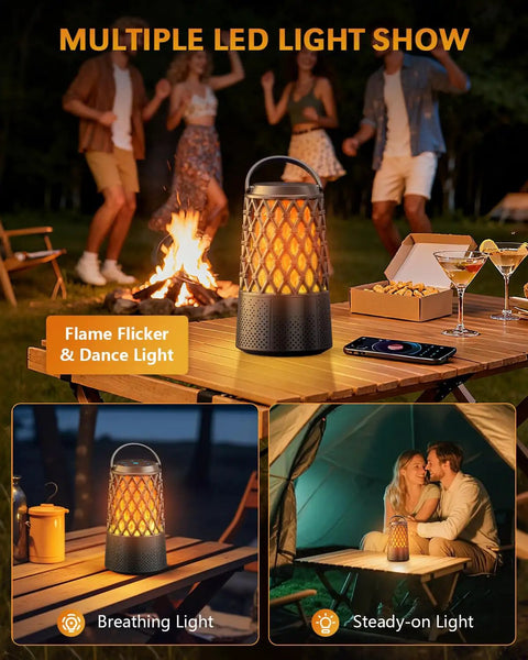 Outdoor Bluetooth Speaker Set With Flame Ambience LEDs Waterproof IPX6 Bluetooth 5.3 Auto Pairing Multi Sync Up To 100 Speakers 10W 3D Surround Sound Portable Party Speaker For Patio Deck Porch Backyard RV The Kickass Gift For Him on table with flame effect