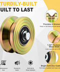 Rock Solid Workhorse 4 Inch V Groove Sliding Gate Rollers Two Pack heavy duty steel wheels with bright gold zinc coating.