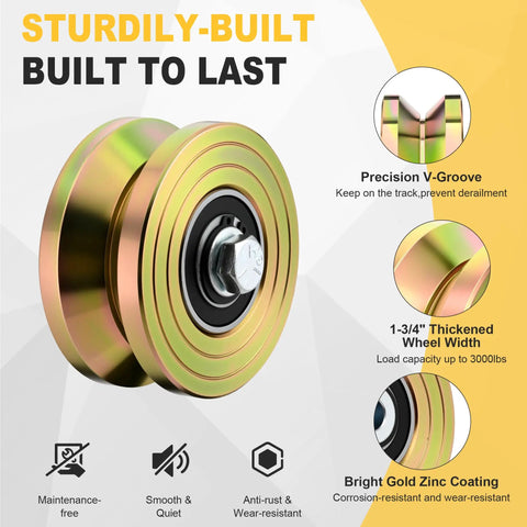 Rock Solid Workhorse 4 Inch V Groove Sliding Gate Rollers Two Pack heavy duty steel wheels with bright gold zinc coating.