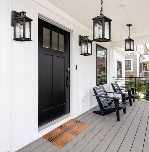 Outdoor Pendant Light Fixture for Porch and Front Door, Farmhouse Exterior Hanging Lantern with Adjustable Chain shown on porch